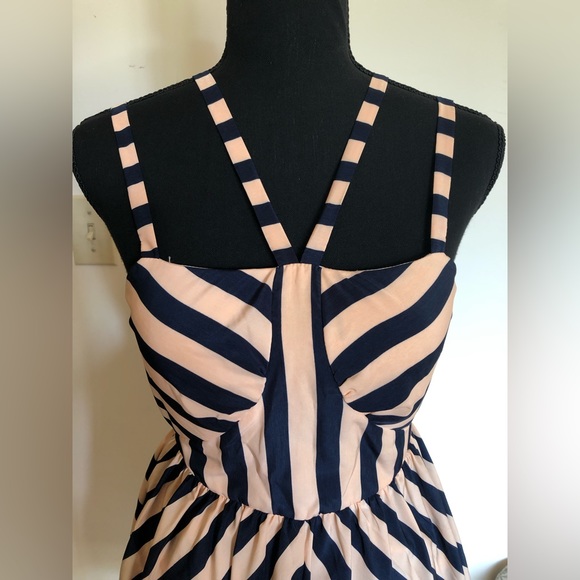 NWT;Sleeveless Dress; 4 Shoulder Straps;Midnight Blue & Rose Beige Line Patterns - Picture 2 of 12